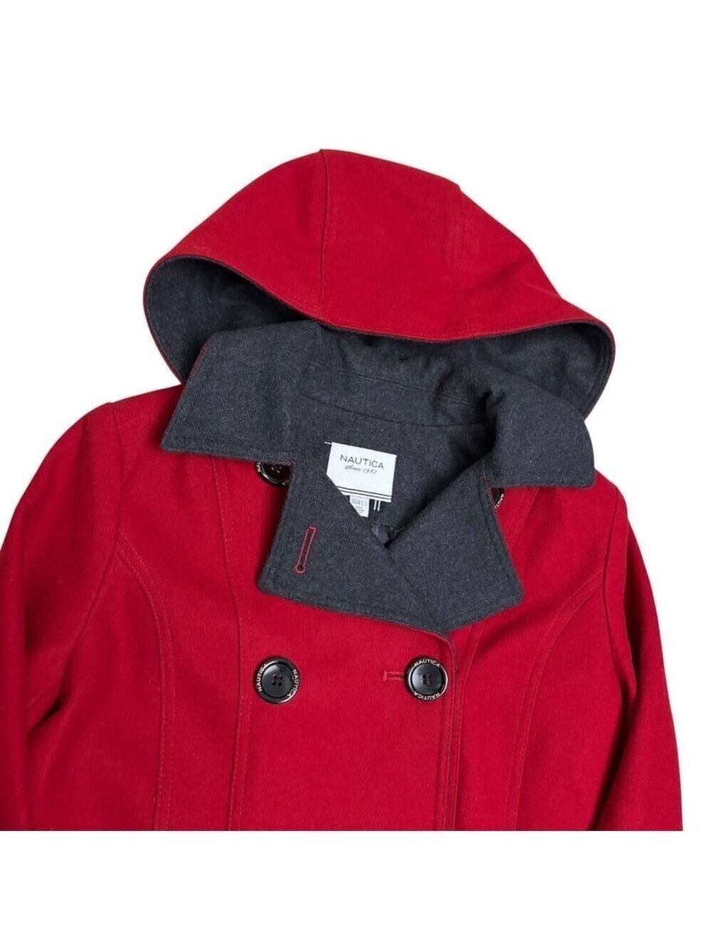 NAUTICA Recycled Wool Blend Winter Designer Casual Red Pea Coat Womens Medium - Picture 4 of 10